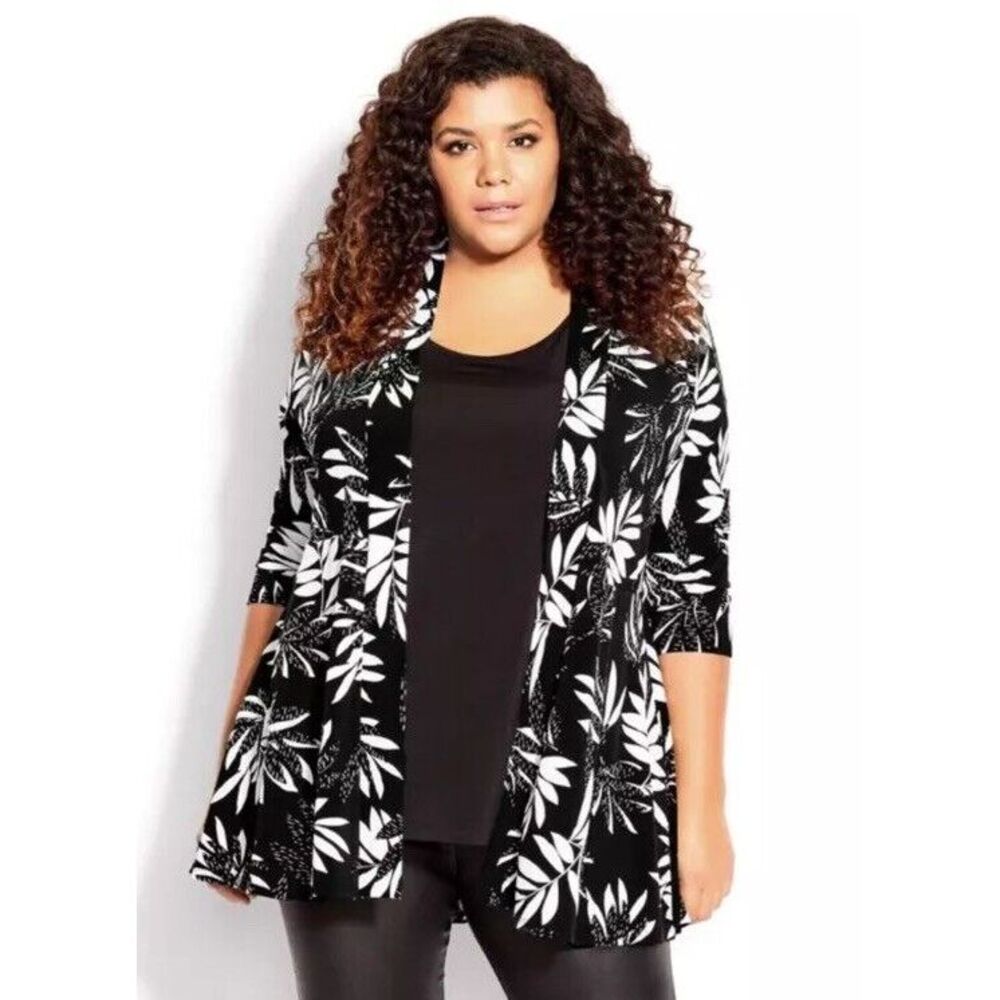 Arna York Black‎ White Palm Open Front 3/4 Sleeve Women's Jacket Size 14/16 NWT